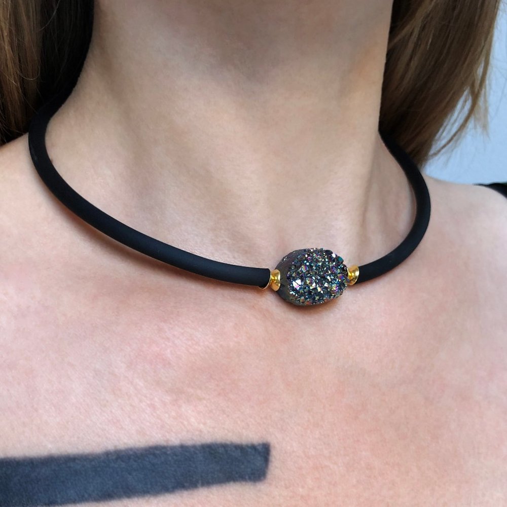 Aura crystal necklace, black chunky collar choker, raw gemstone druzy jewelry